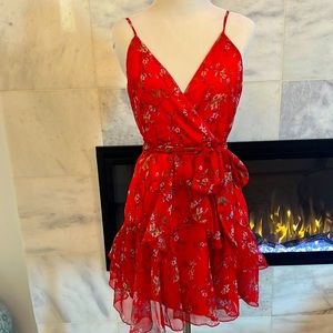 Red Floral Wrap Dress V Neck Adjustable Straps and Tie XS.